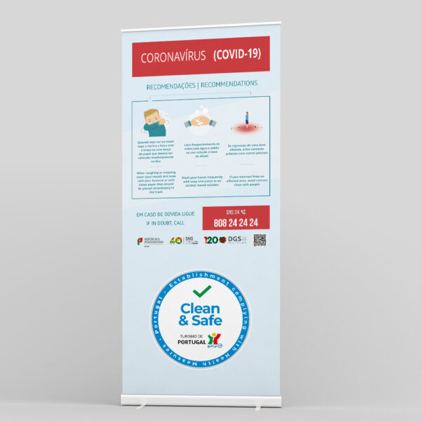 Expositor rollup banner Hotel Alojamento Local Restaurante Covid-19 recomendações DGS